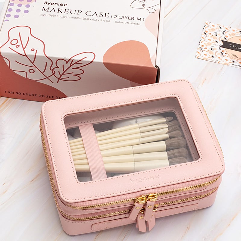 Aveniee XL Clear Makeup Organizer,Double Layer Travel Cosmetic Case with Brush Holder & Zippered Compartments, Large Toiletry Bag Train Case for Women,2 Layers, Pink - Image 3